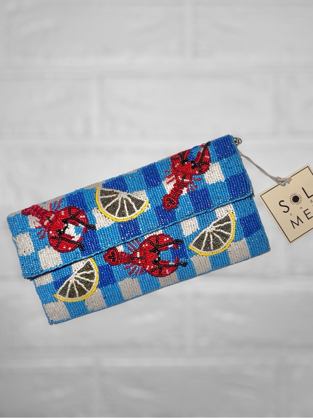 New Sol and MER Beaded Lobster Gingham Flap Clutch Blue/White w/ Crossbody Strap